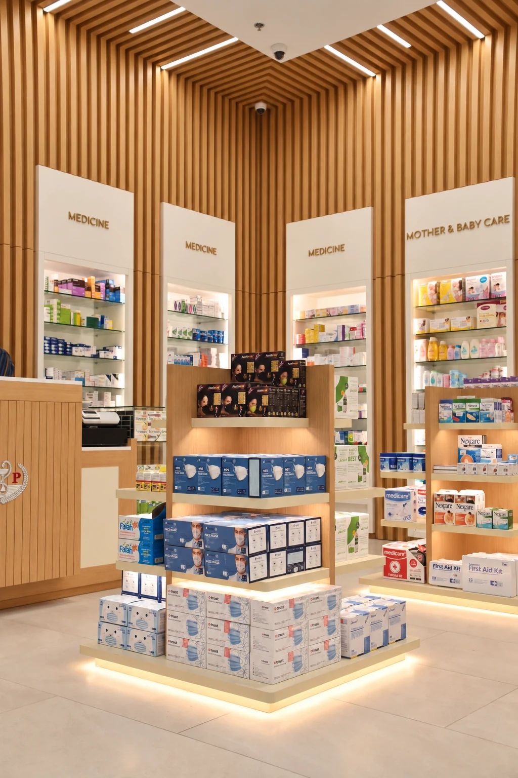 Bespoke timber wall and ceiling joinery with illuminated display islands at Muscat Pharmacy