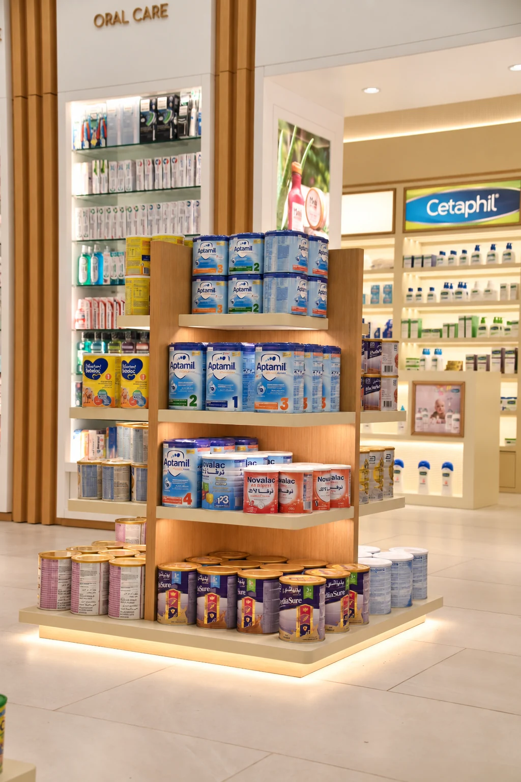 Freestanding timber retail display island with curved shelves and integrated lighting