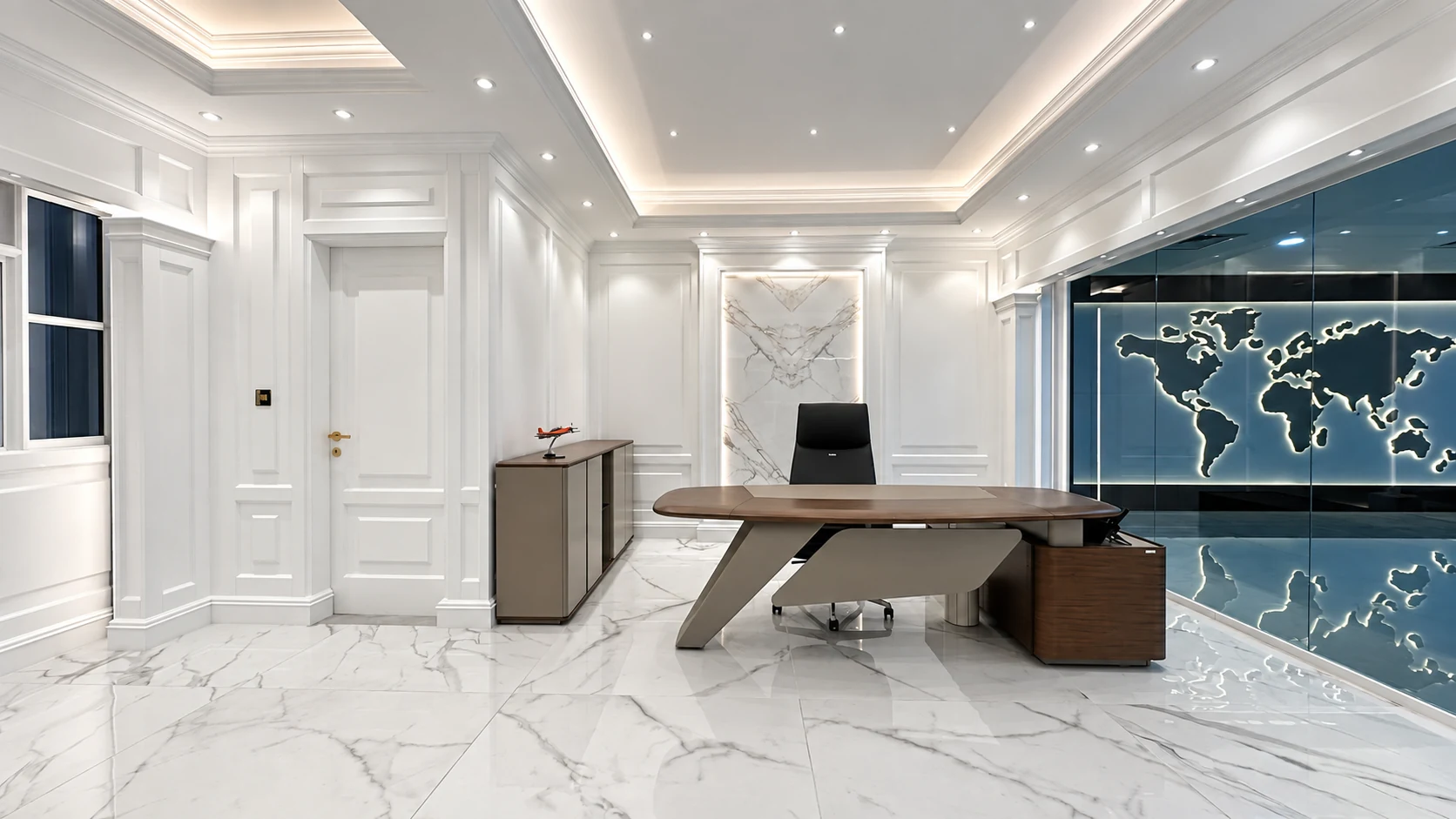 AAA Tech executive office with sculptural timber desk, white wall panelling and illuminated marble feature