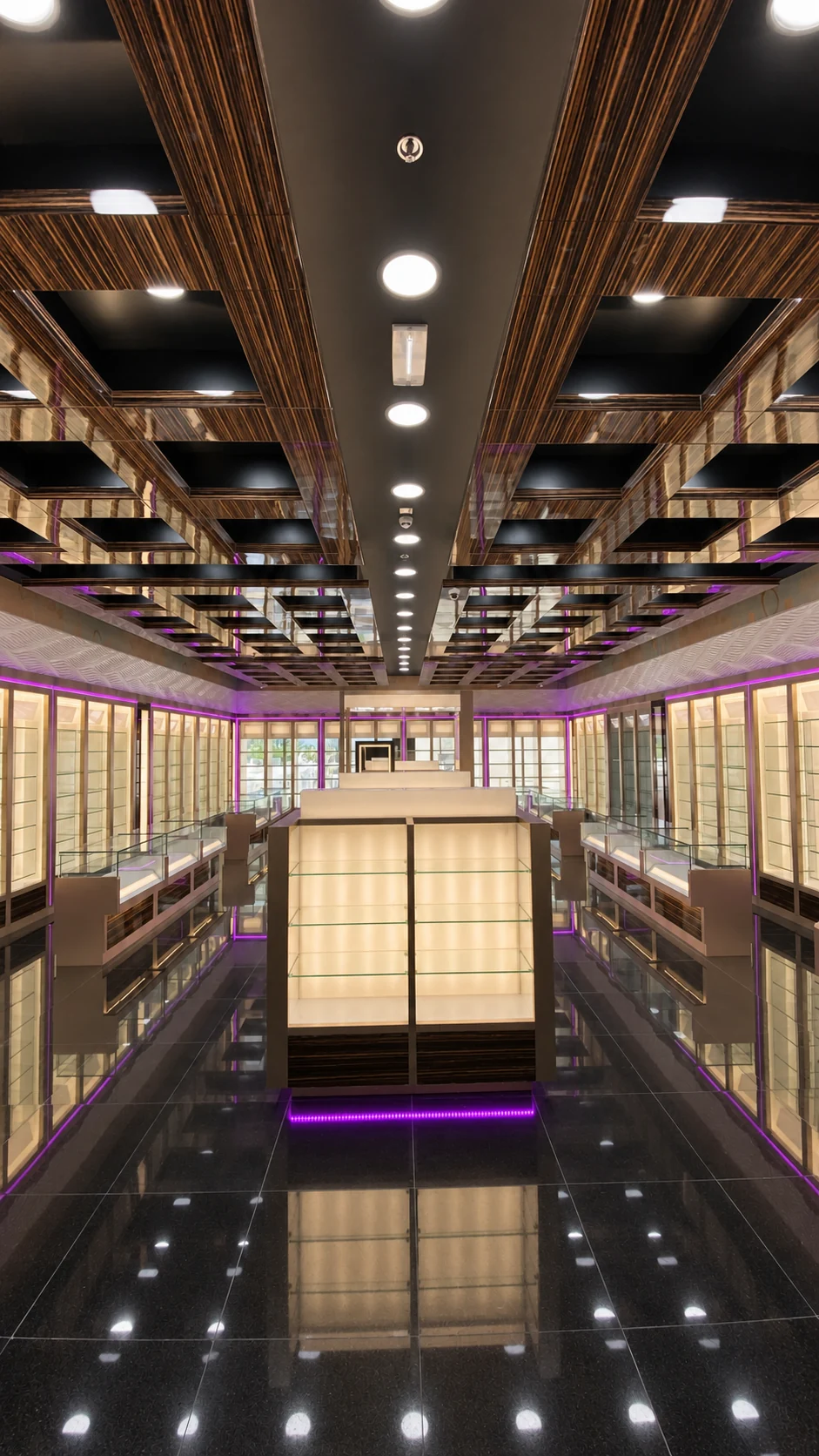 Centred illuminated showroom display with bespoke timber ceiling and glass cabinetry